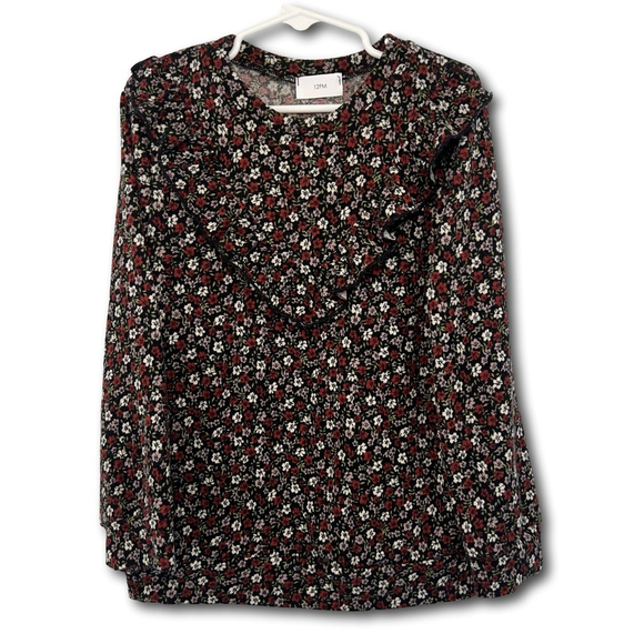 Unbranded Other - Kids Long Sleeve Pheasant Shirt Front Frills Floral Red Black Girls Size Large 8